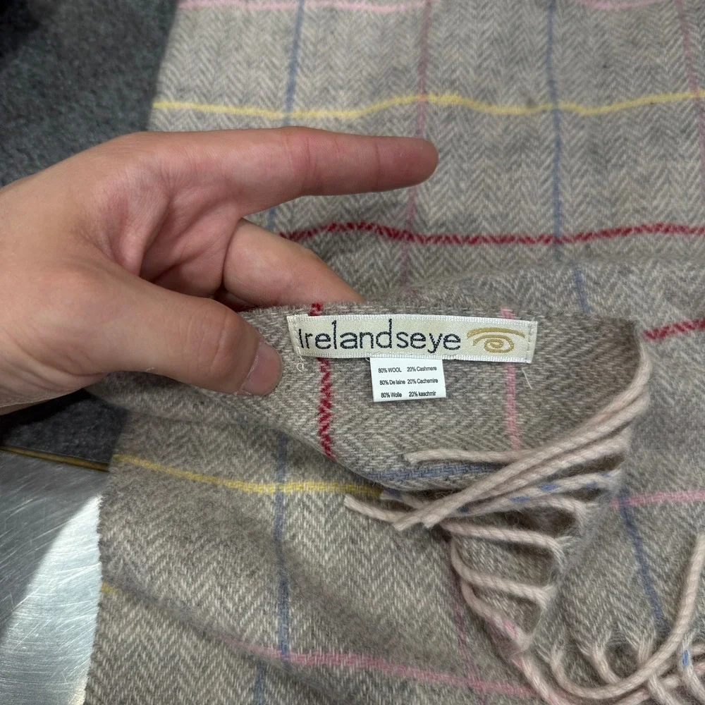 Irelandseye Scarf Unisex OS Beige Wool Cashmere Plaid Herringbone Fringe